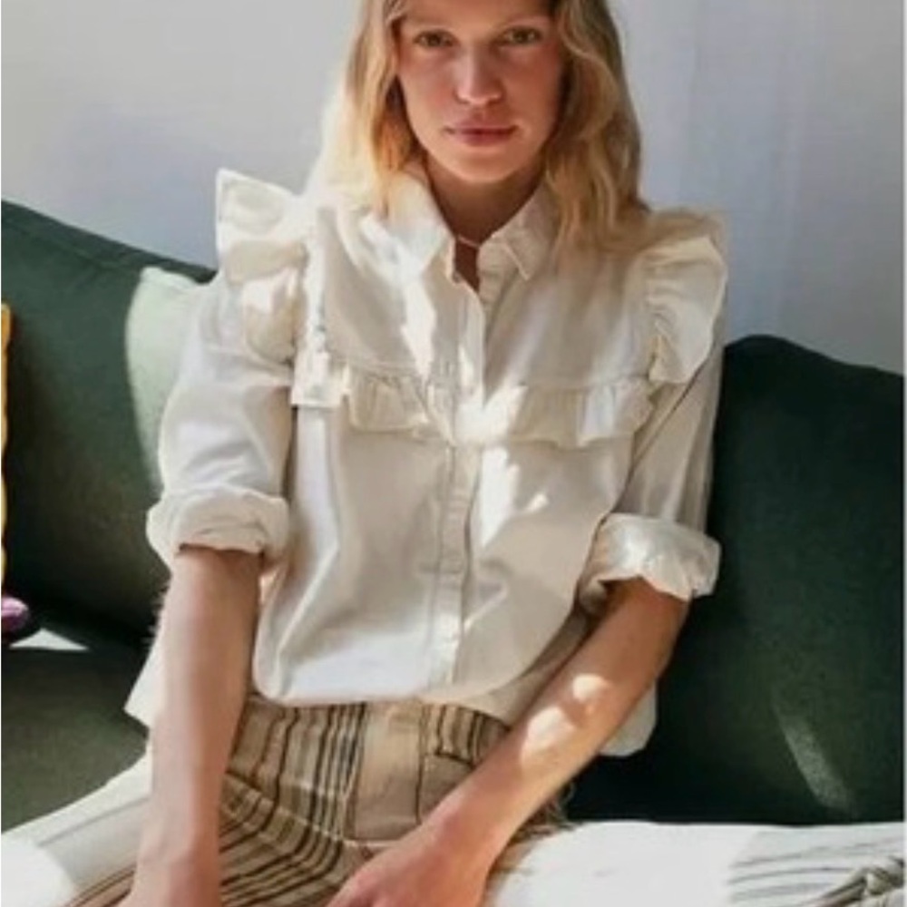 Free People Women's Cream Ruffle-Trim Samantha Button Front Blouse